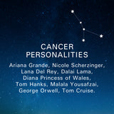 Cancer Personalities: Ariana Grande, Nicole Scherzinger, Lana Del Rey, Dalai Lama, Diana Princess of Wales, Tom Hanks, Malala Yousafzai, George Orwell, Tom Cruise.