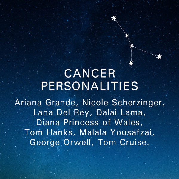Cancer Personalities: Ariana Grande, Nicole Scherzinger, Lana Del Rey, Dalai Lama, Diana Princess of Wales, Tom Hanks, Malala Yousafzai, George Orwell, Tom Cruise.