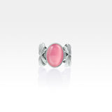 Art Deco Leaf Pink Cat's Eye Ring Silver