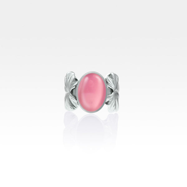 Art Deco Leaf Pink Cat's Eye Ring Silver