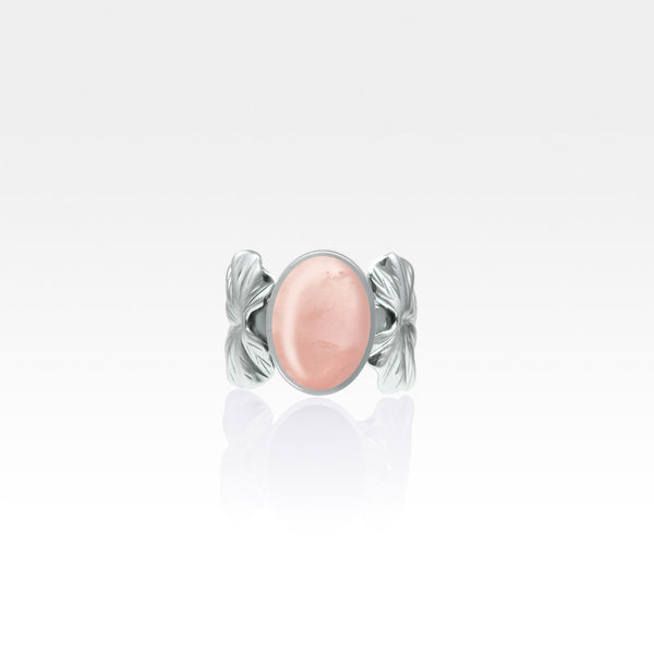 Art Deco Leaf Rose Quartz Ring Silver