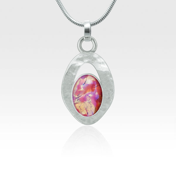 Hammered Pendant Vintage Glass Pink Silver