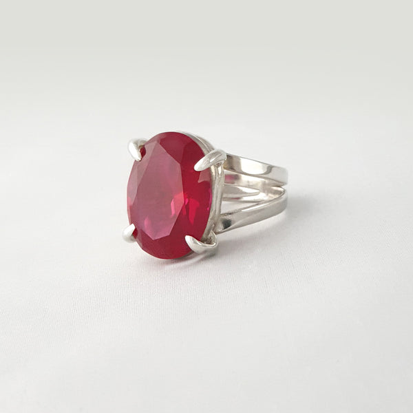 Multi-Facet Ruby Silver Ring Side