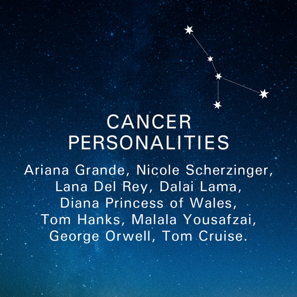 Cancer Personalities: Ariana Grande, Nicole Scherzinger, Lana Del Rey, Dalai Lama, Diana Princess of Wales, Tom Hanks, Malala Yousafzai, George Orwell, Tom Cruise.