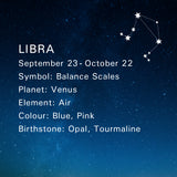 Libra Summary - September 23 to October 22. Symbol: Crab. Symbol: Balance Scales. Planet: Venus. Element: Air Colour: Blue, Pink