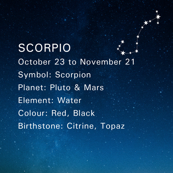 Scorpio Summary - October 23 to November 21, Symbol: Scorpion, Planet: Pluto & Mars, Element: Water, Colour: Red, Black, Birthstone: Citrine, Topaz