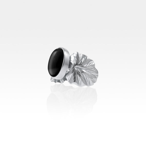 Art Deco Leaf Black Onyx Ring Silver Side View