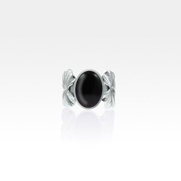 Art Deco Leaf Black Onyx Ring Silver