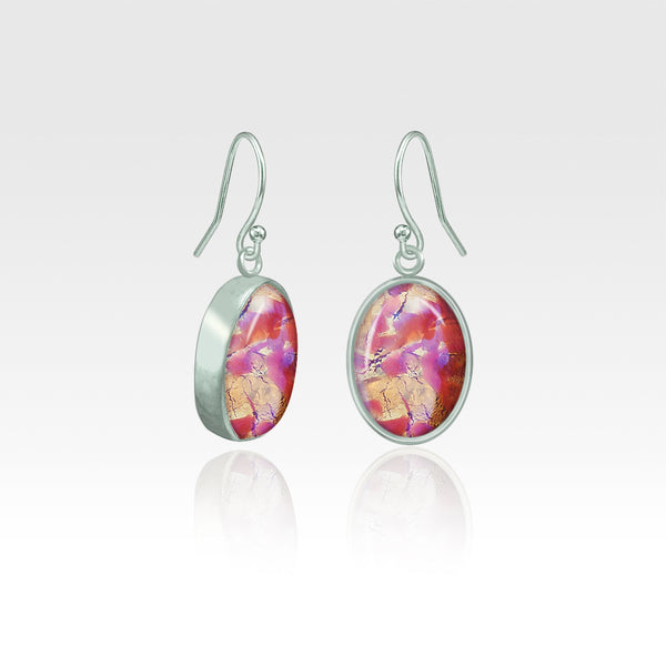 Oval Earrings - Vintage Glass Pink Silver